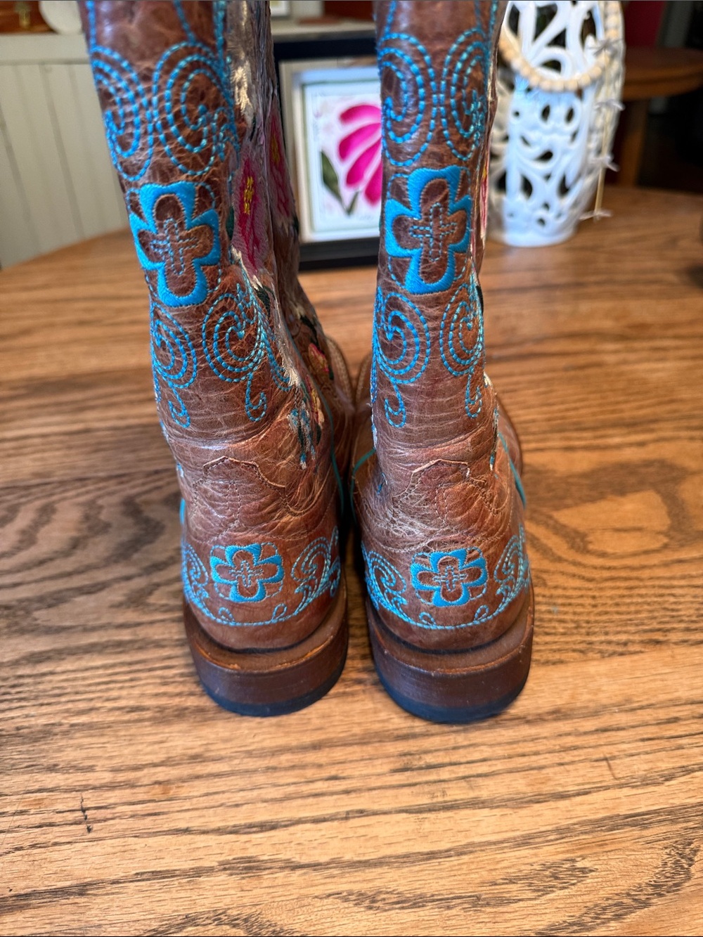 Macy Bean Women’s Brown Embroidered Western Heeled Boots with Turquoise Trim - Picture 3 of 6